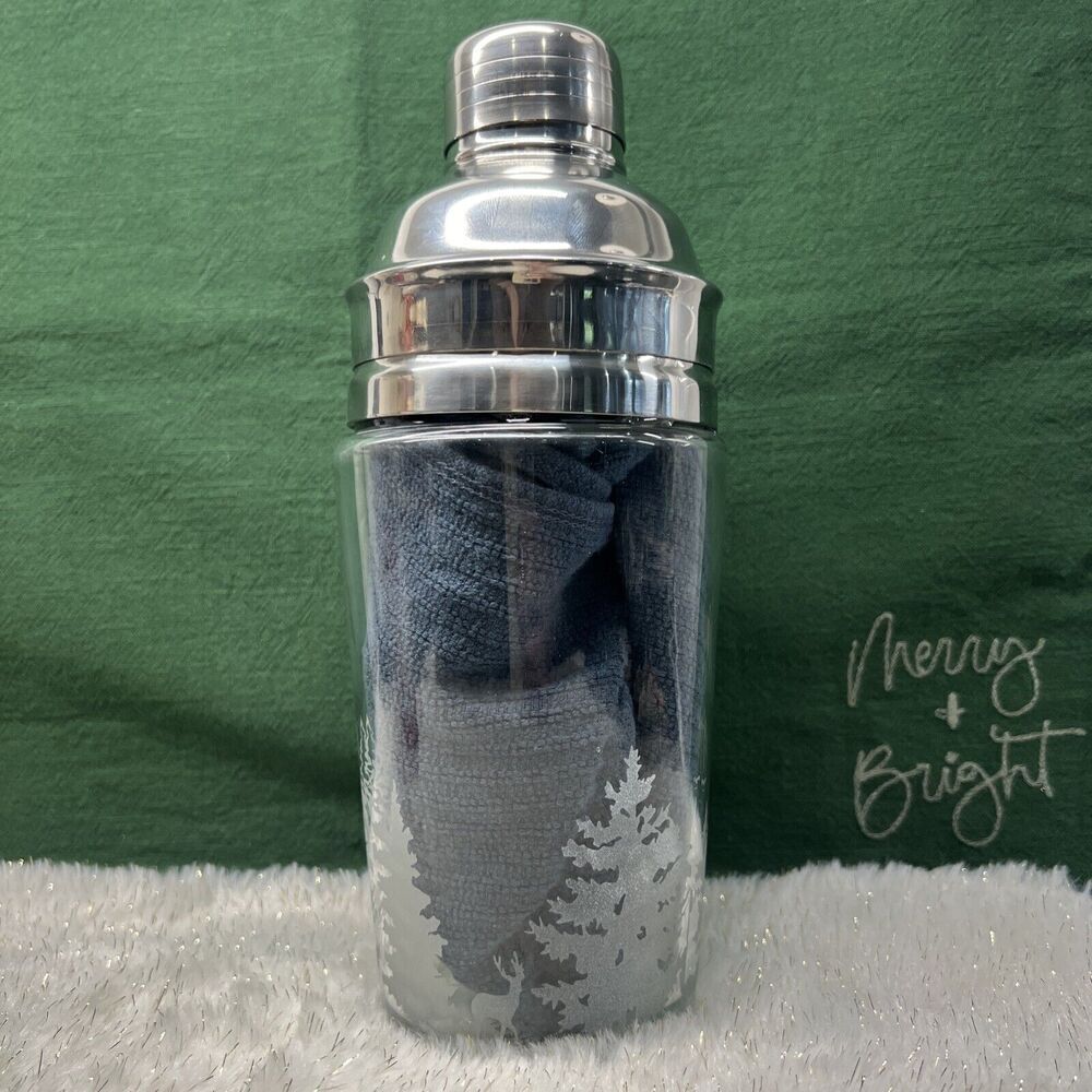 Cocktail‎ Shaker Etched Evergreen Trees Forest Deer Martini Glass Metal